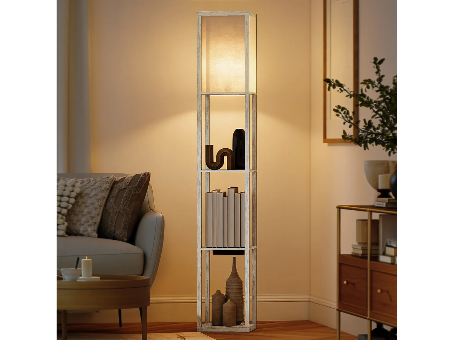 Lampada da terra con ripiani luce regolabile e usb bianco e rovere