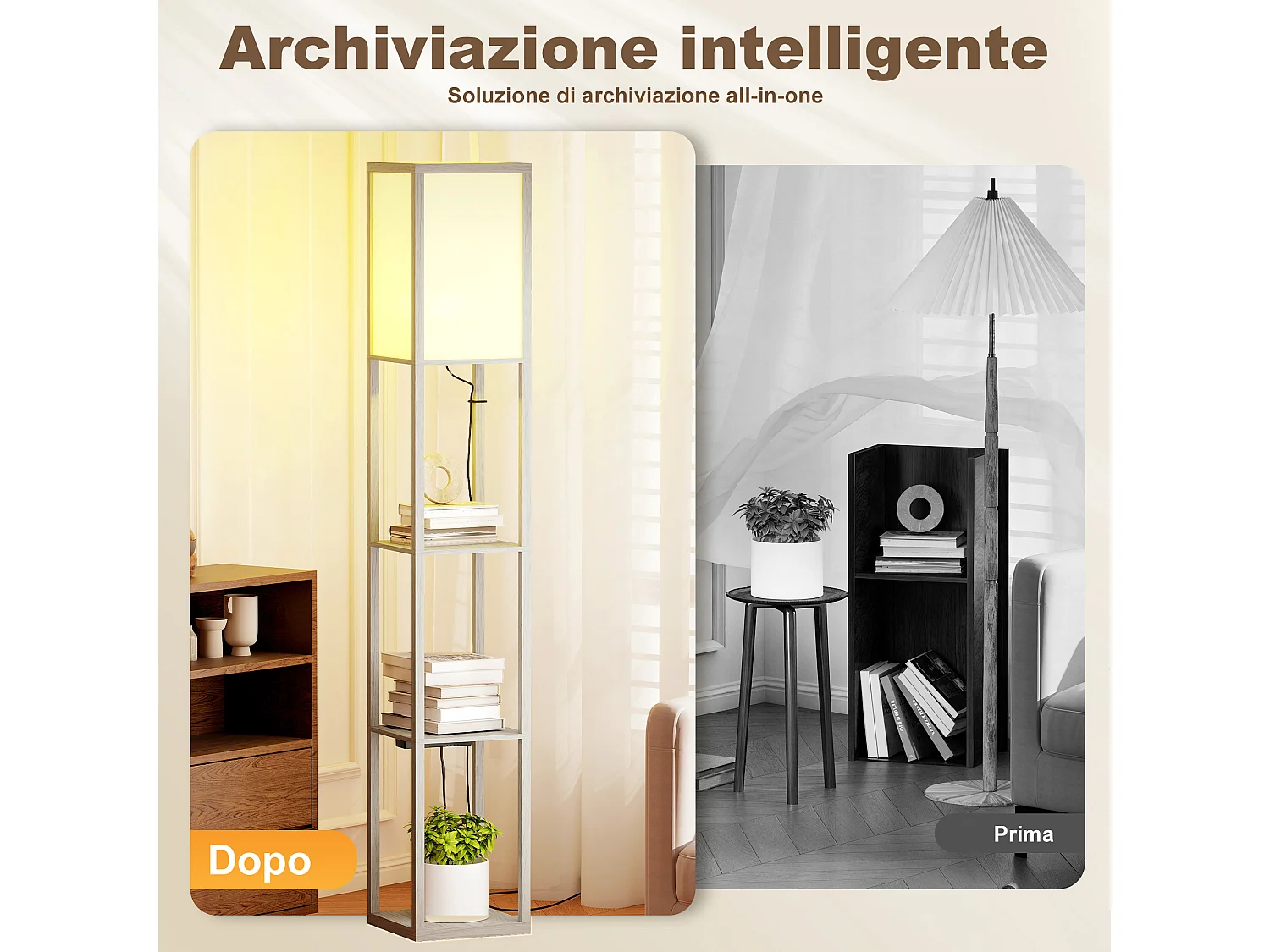 Lampada da terra con ripiani luce regolabile e usb bianco e rovere