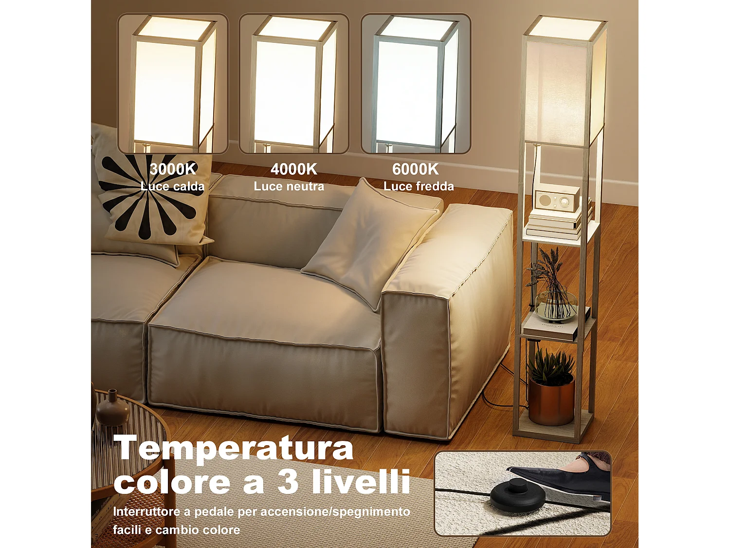Lampada da terra con ripiani luce regolabile e usb bianco e rovere