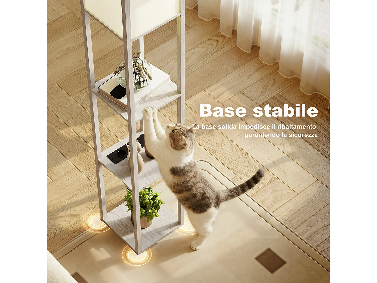 Lampada da terra con ripiani luce regolabile e usb bianco e rovere