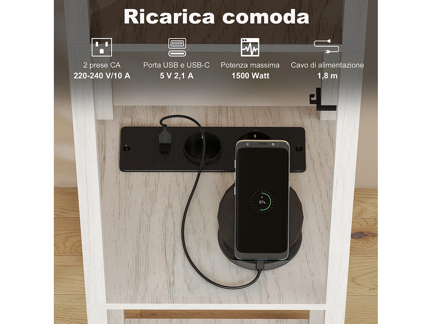 Lampada da terra con ripiani luce regolabile e usb bianco e rovere