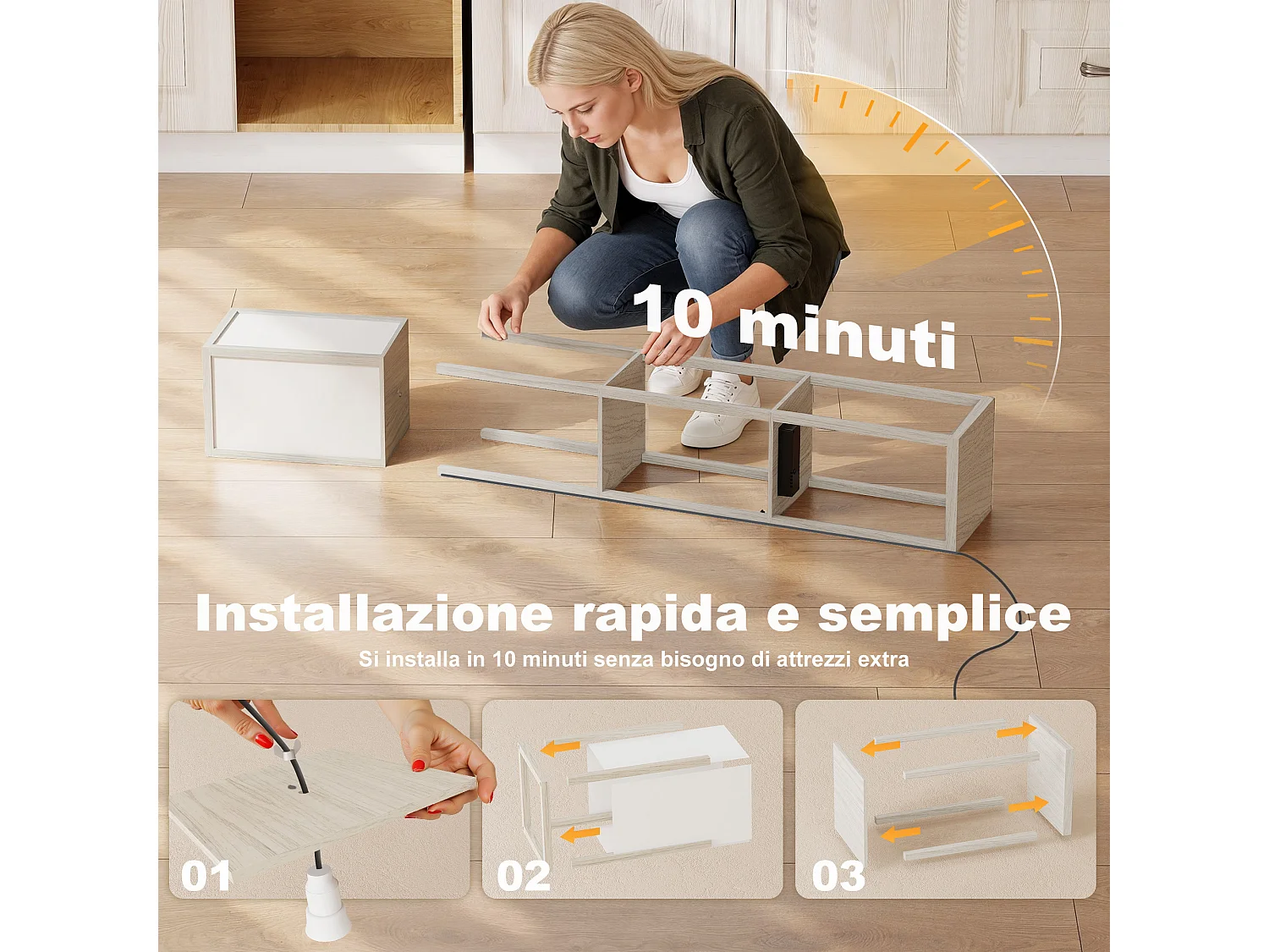 Lampada da terra con ripiani luce regolabile e usb bianco e rovere