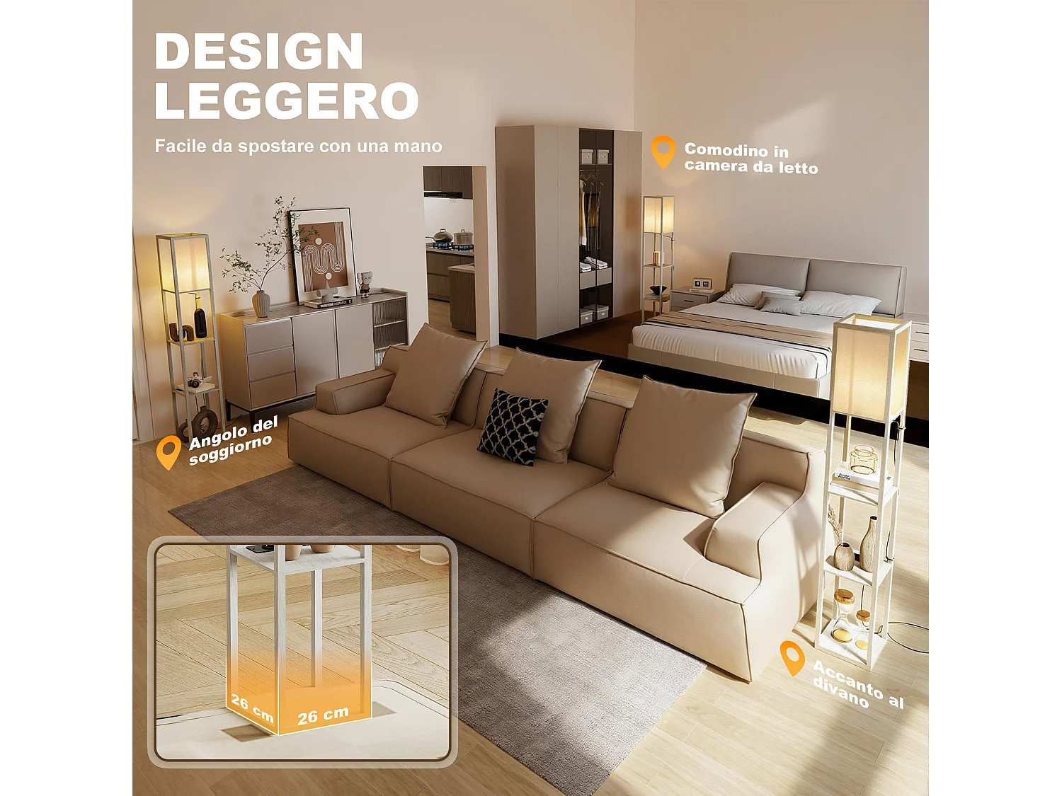 Lampada da terra con ripiani luce regolabile e usb bianco e rovere