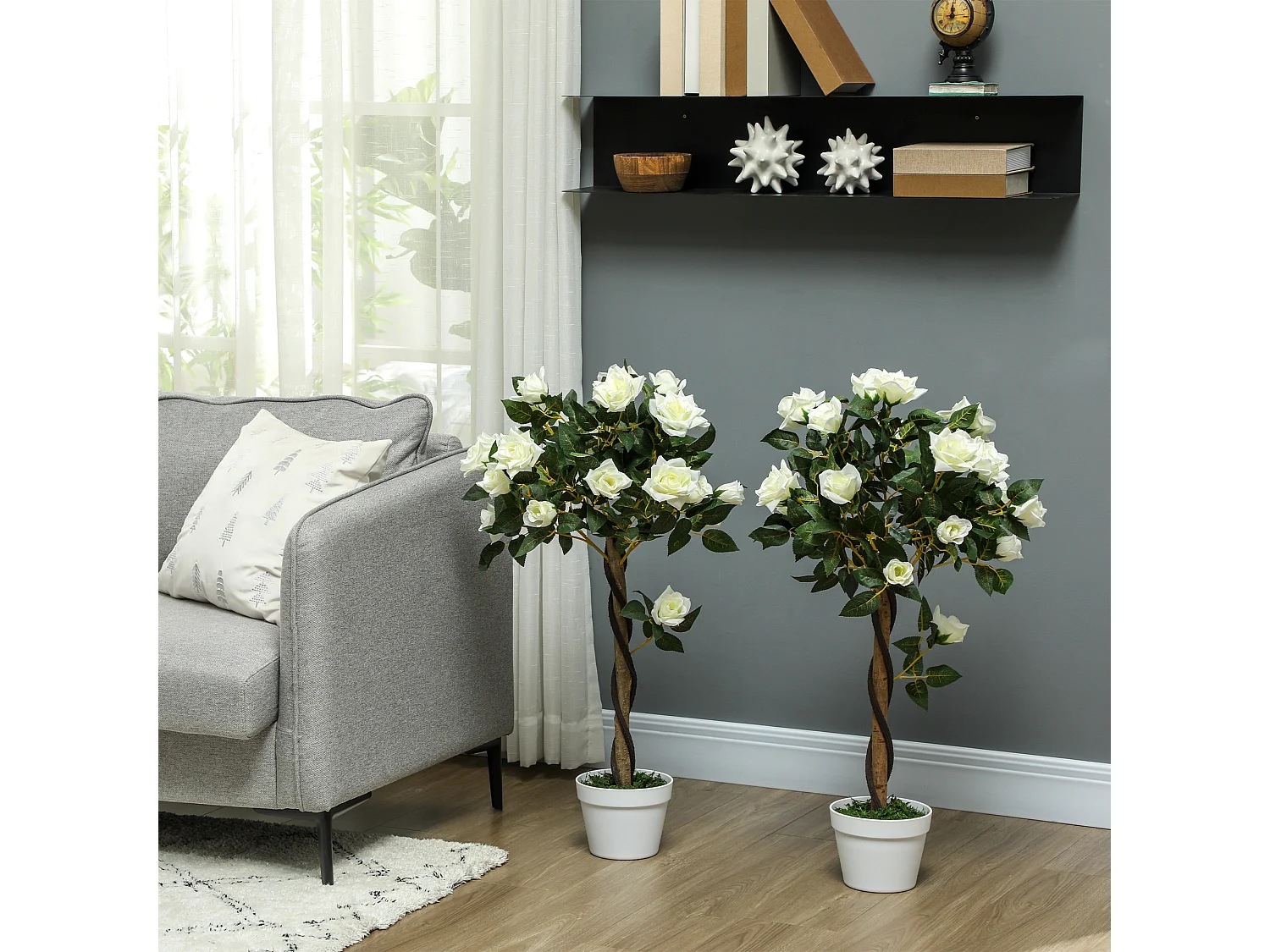 Pianta finta di rosa da 21 fiori Ø18x90 cm bianco con vaso