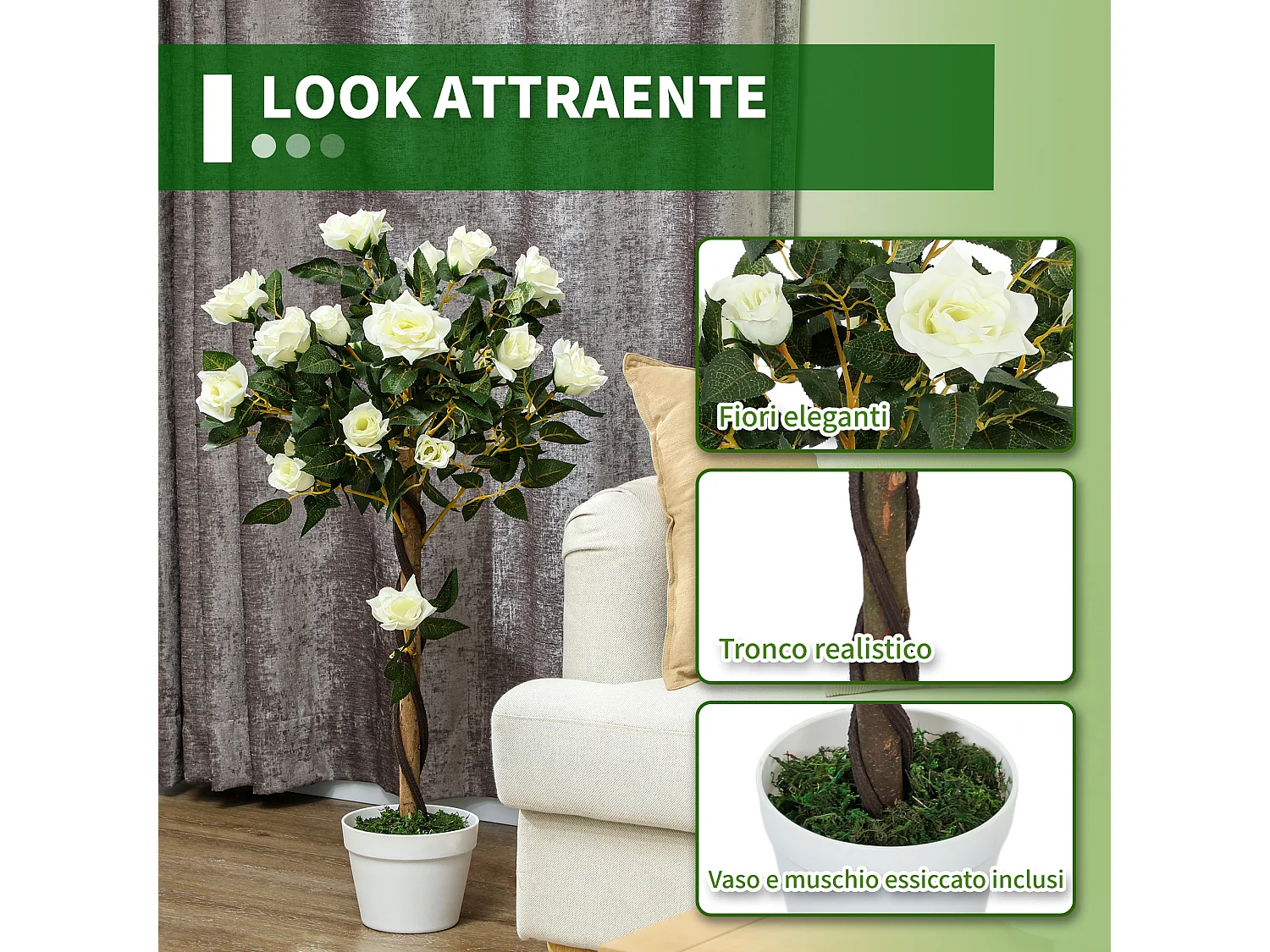 Pianta finta di rosa da 21 fiori Ø18x90 cm bianco con vaso