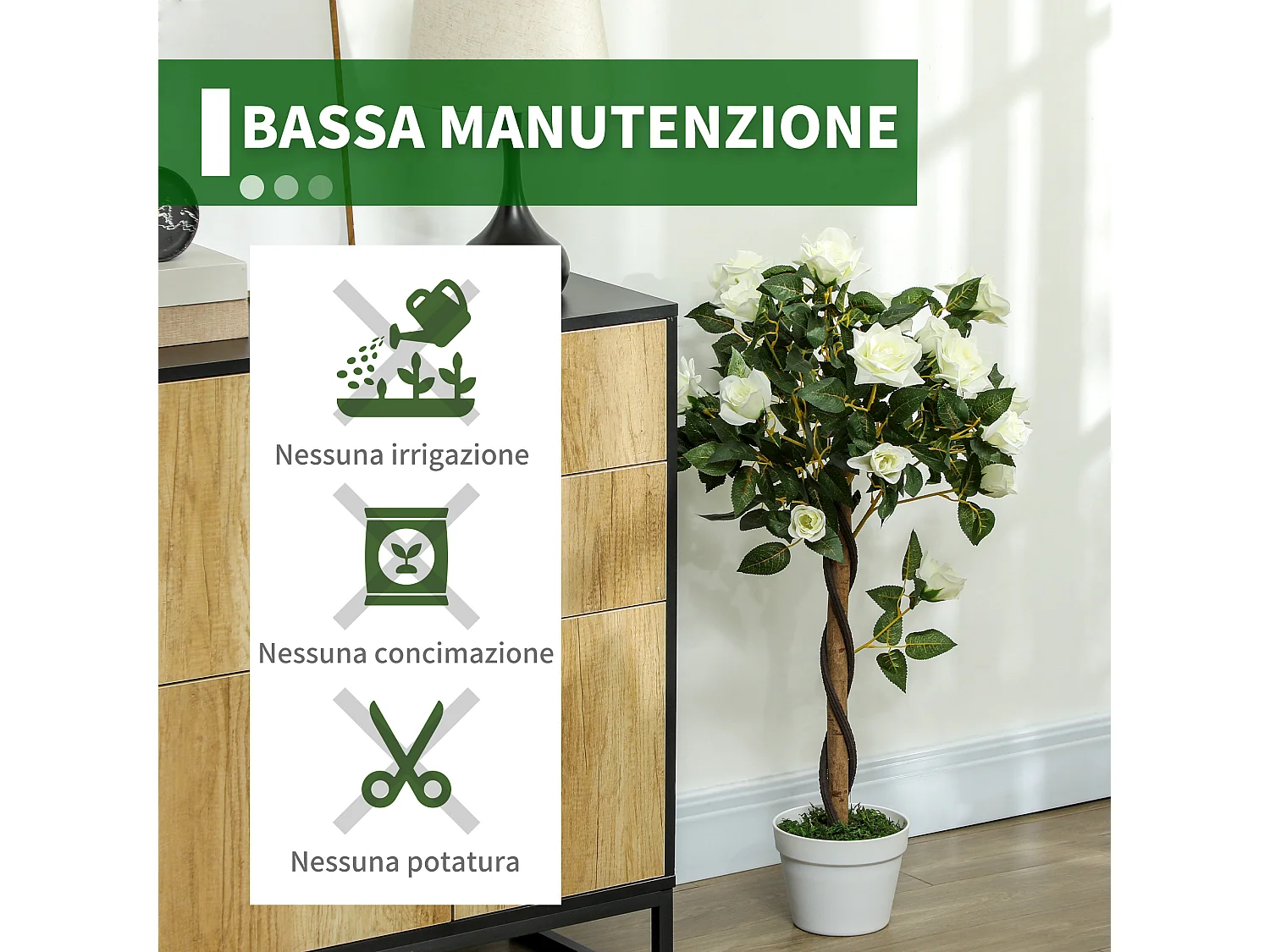 Pianta finta di rosa da 21 fiori Ø18x90 cm bianco con vaso