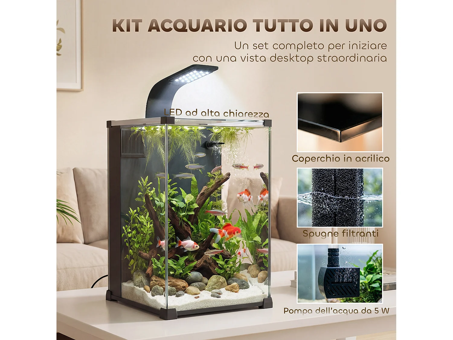 Acquario con luce led in vetro temperato nero