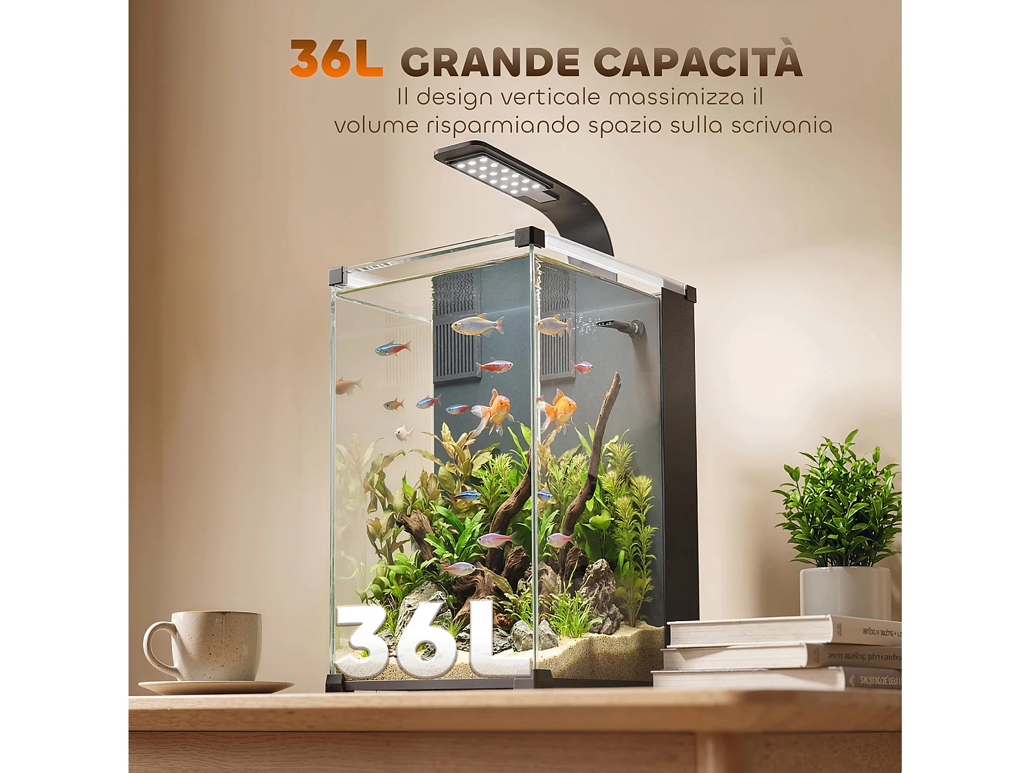 Acquario con luce led in vetro temperato nero