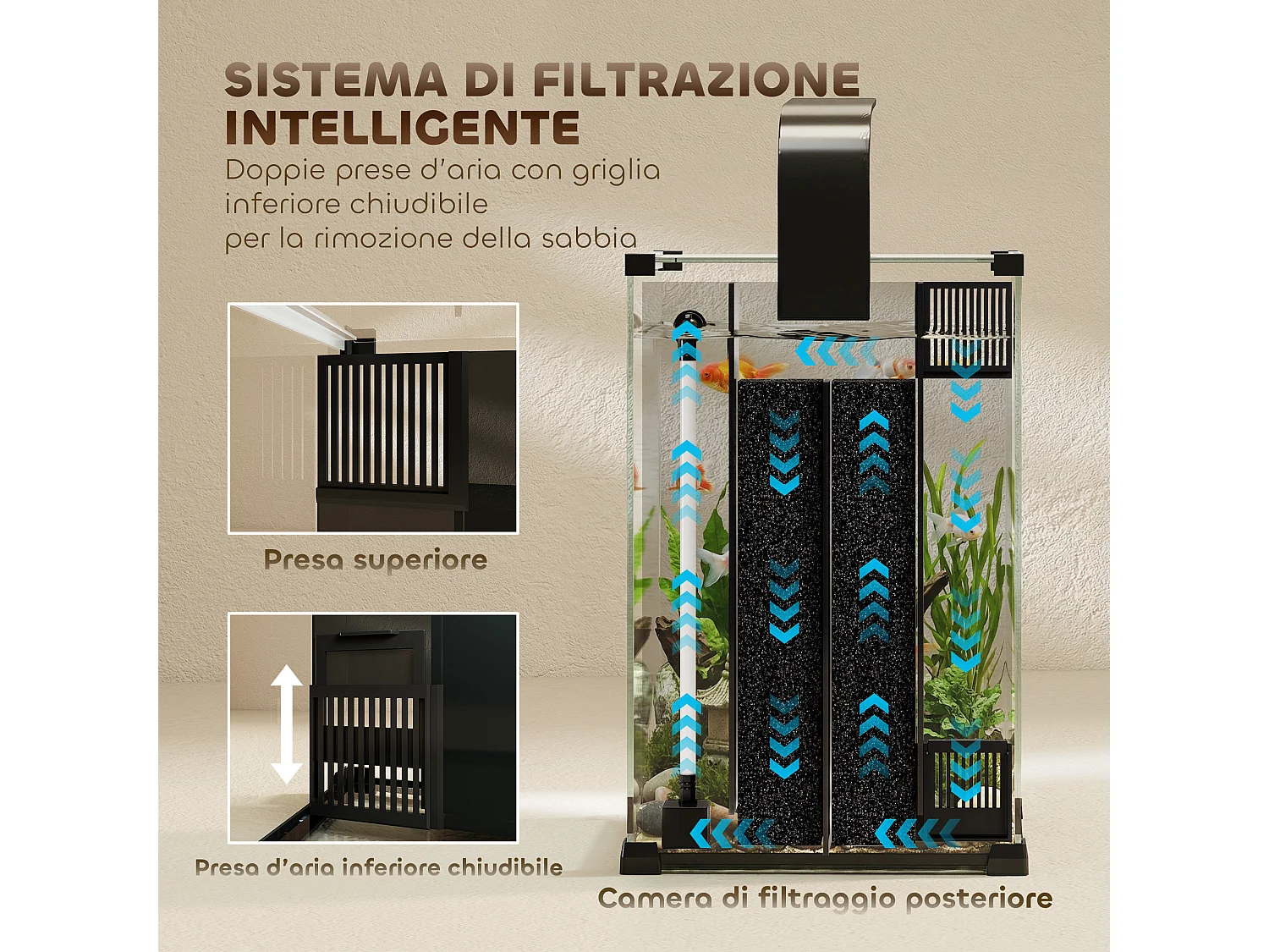 Acquario con luce led in vetro temperato nero
