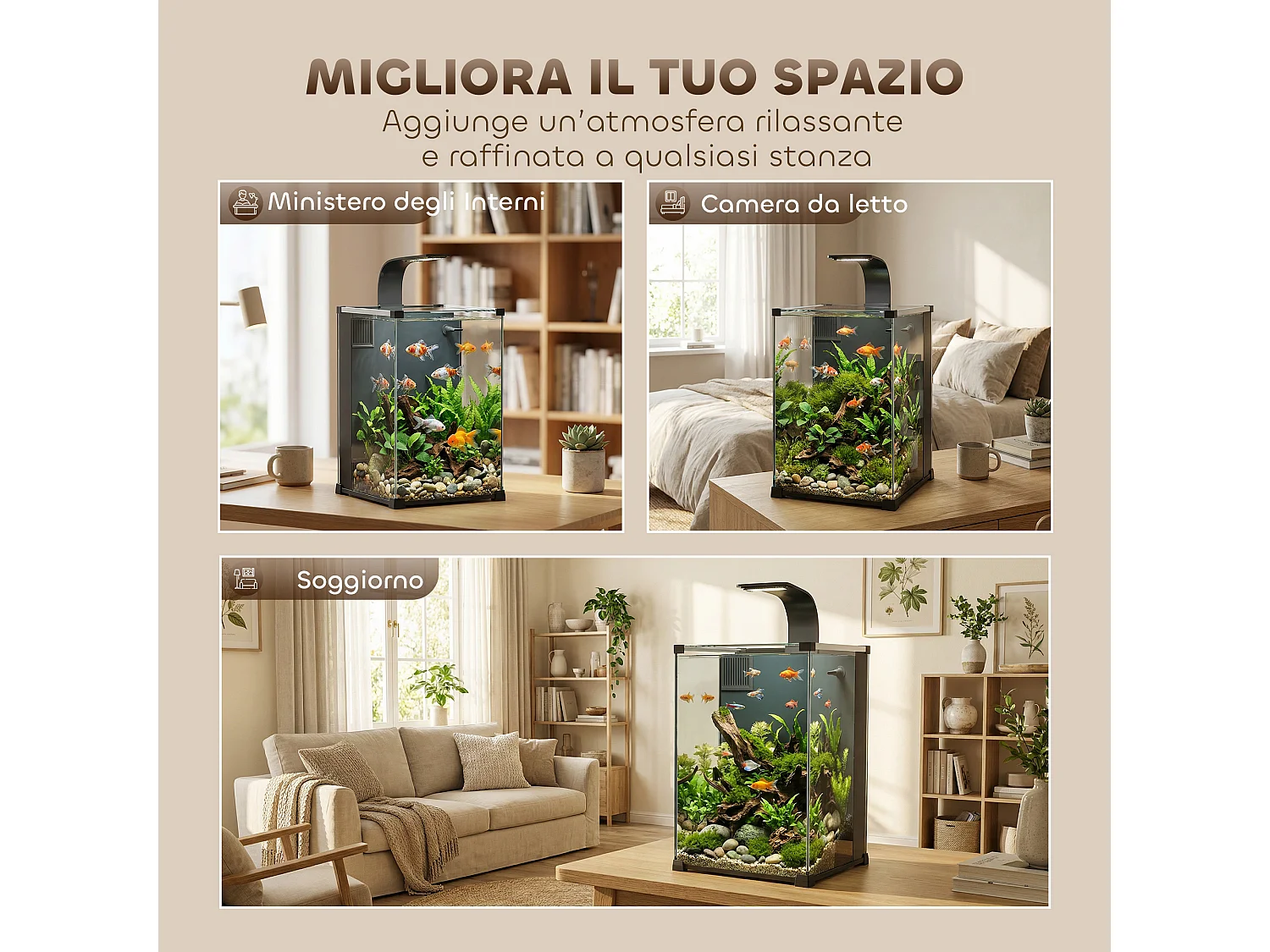 Acquario con luce led in vetro temperato nero