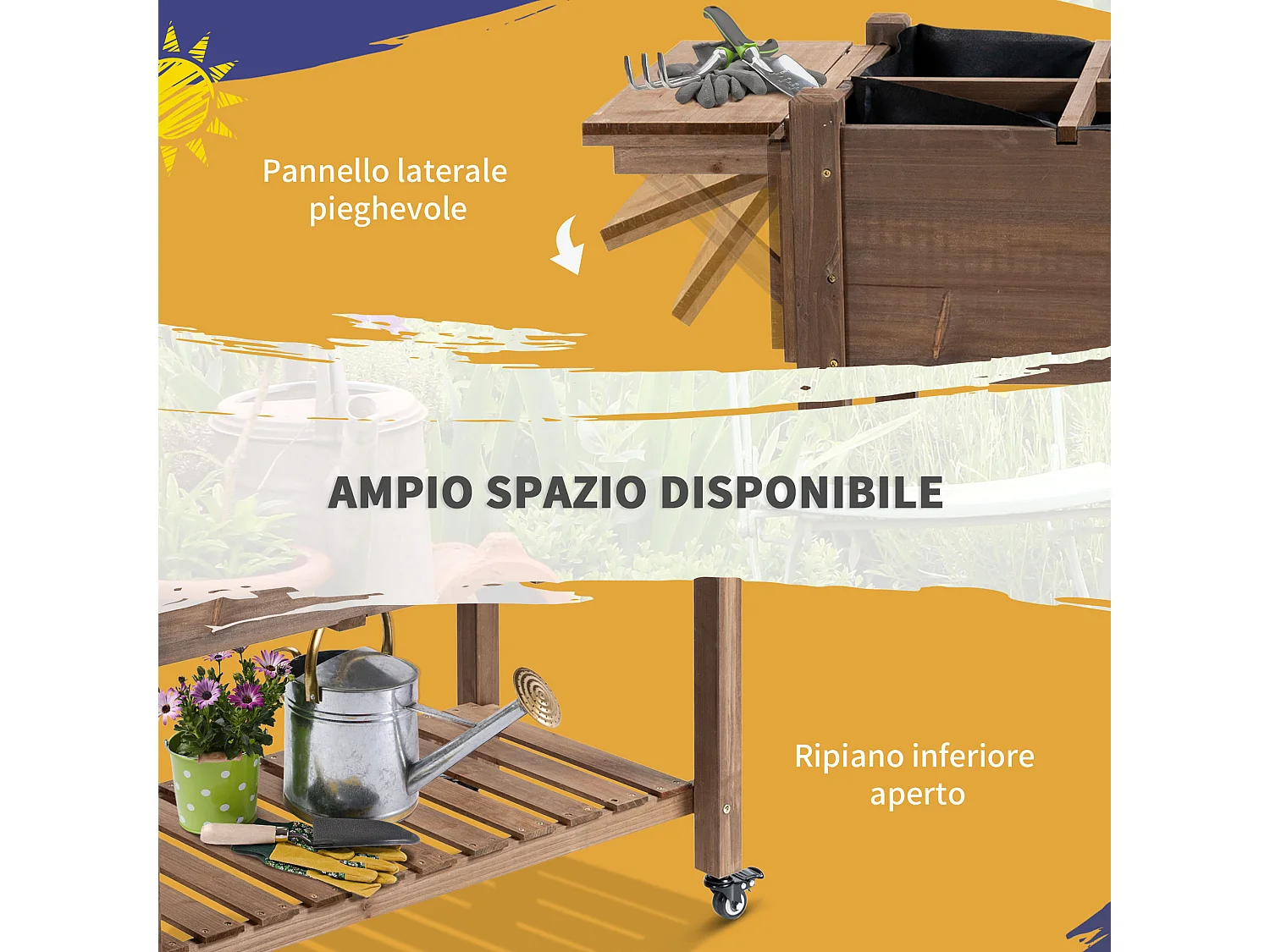 Fioriera rialzata a 8 vasi con ripiano laterale e mensola inferiore