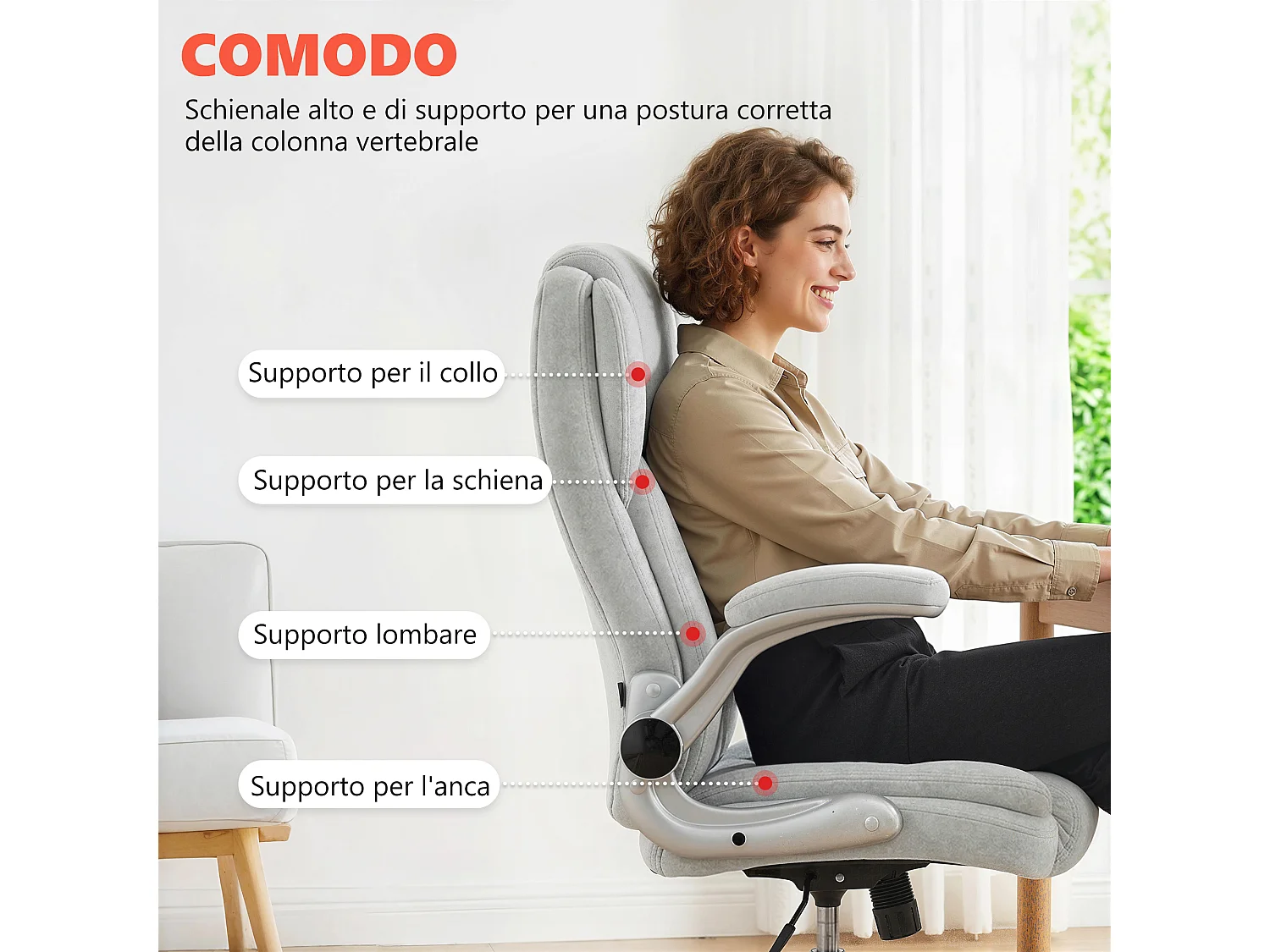 Sedia ergonomica regolabile in velluto stampato bianco crema