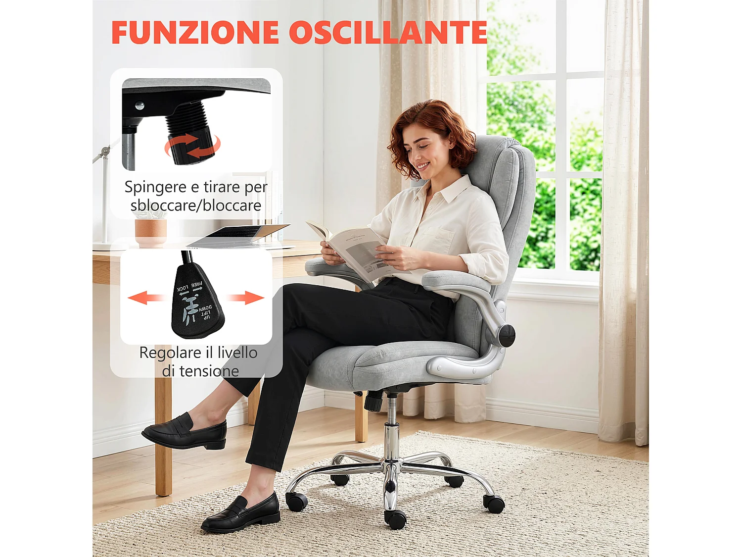 Sedia ergonomica regolabile in velluto stampato bianco crema