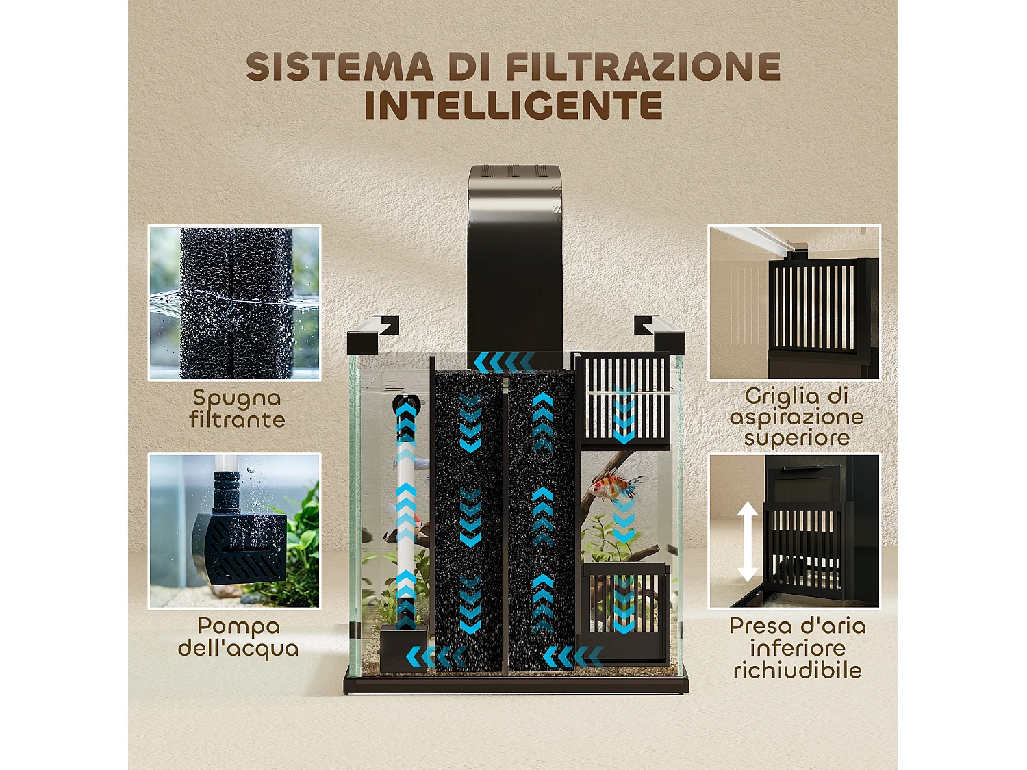 Acquario 24l con filtro e led in vetro temperato nero