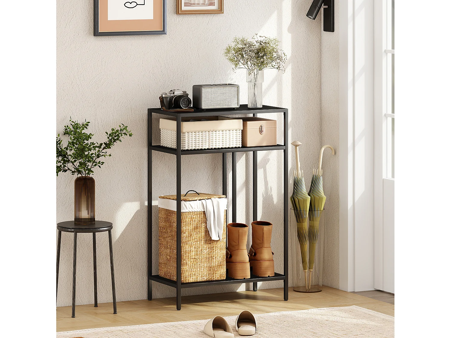 Tavolo consolle a 3 ripiani aperti 55x30x85 cm nero