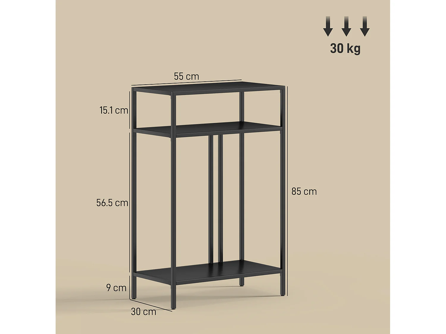 Tavolo consolle a 3 ripiani aperti 55x30x85 cm nero