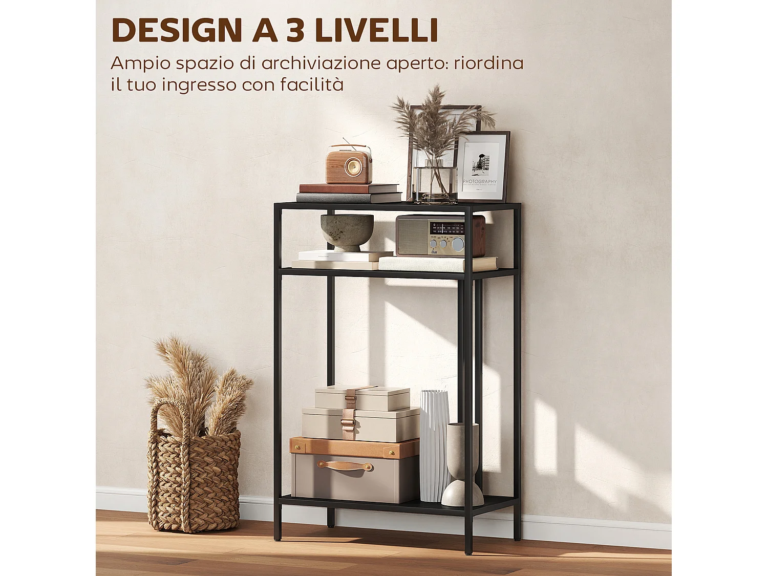 Tavolo consolle a 3 ripiani aperti 55x30x85 cm nero
