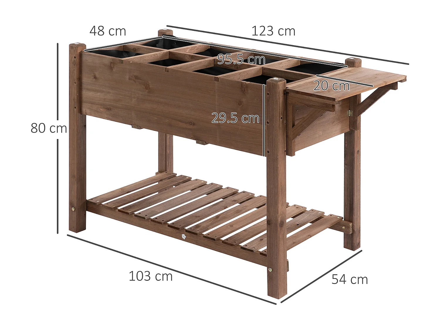 Letto per orto rialzato con ripiano pieghevole in legno marrone