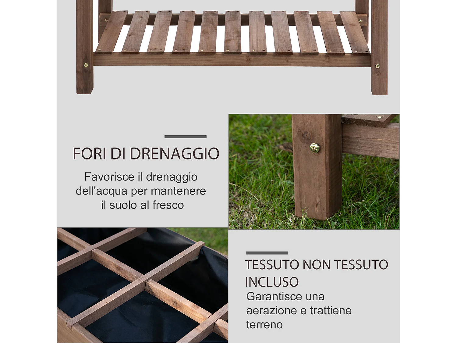 Letto per orto rialzato con ripiano pieghevole in legno marrone