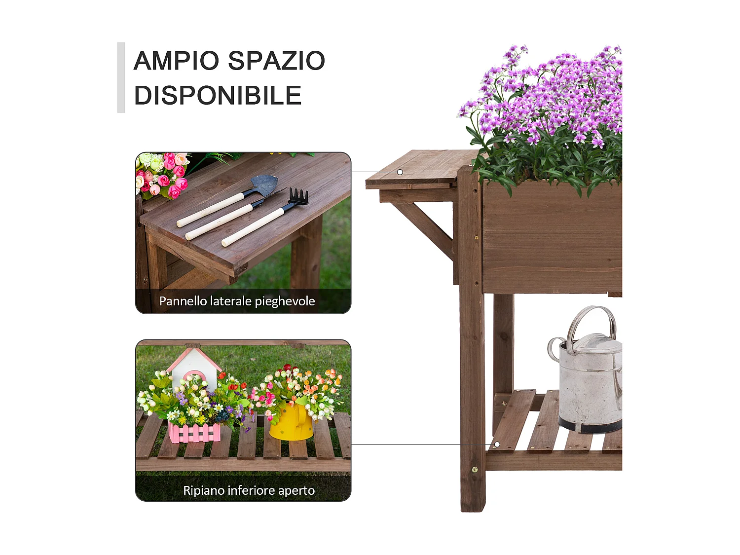 Letto per orto rialzato con ripiano pieghevole in legno marrone