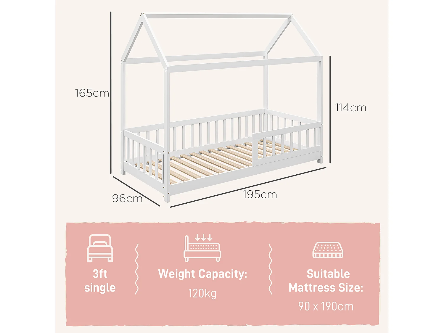 Struttura letto per bambini a forma di casa in legno di pino bianco