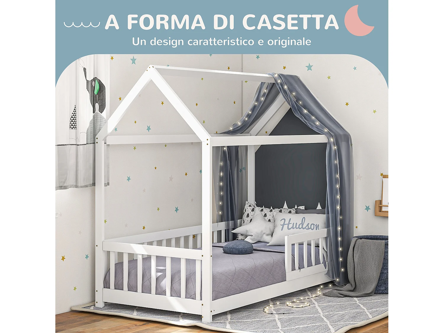 Struttura letto per bambini a forma di casa in legno di pino bianco
