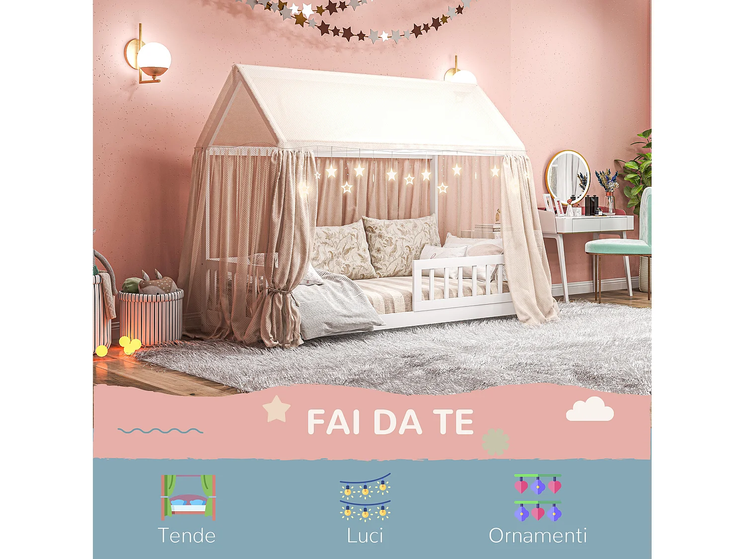 Struttura letto per bambini a forma di casa in legno di pino bianco