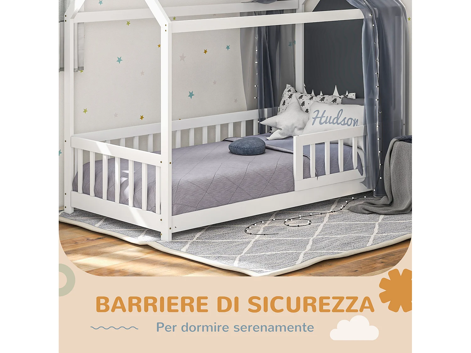 Struttura letto per bambini a forma di casa in legno di pino bianco