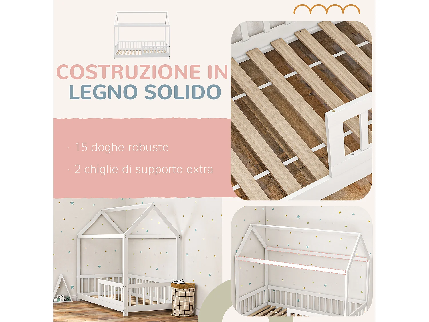 Struttura letto per bambini a forma di casa in legno di pino bianco