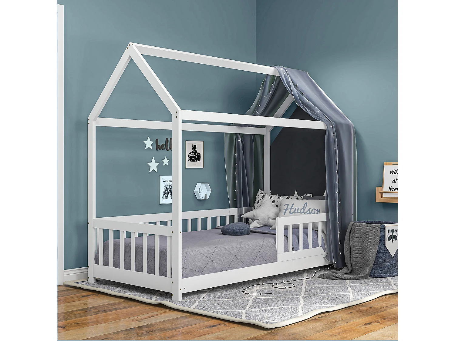 Struttura letto per bambini a forma di casa in legno di pino bianco