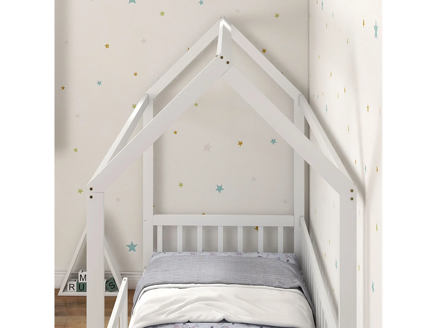 Struttura letto per bambini a forma di casa in legno di pino bianco