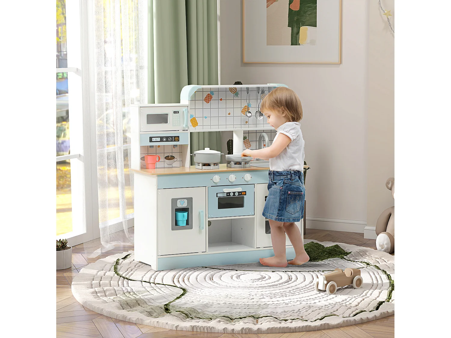 Cucina giocattolo per bambini interattiva con accessori in legno