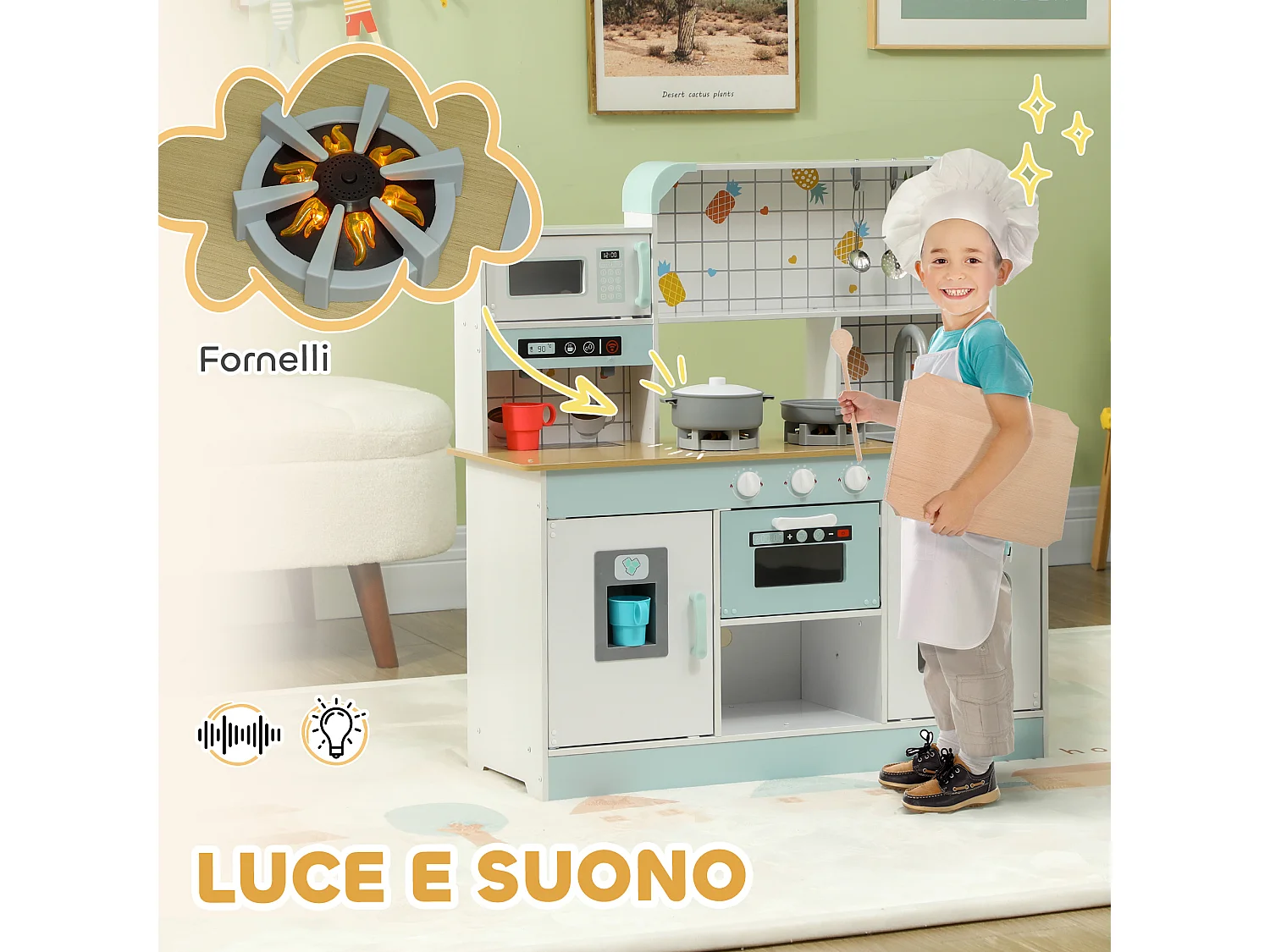 Cucina giocattolo per bambini interattiva con accessori in legno