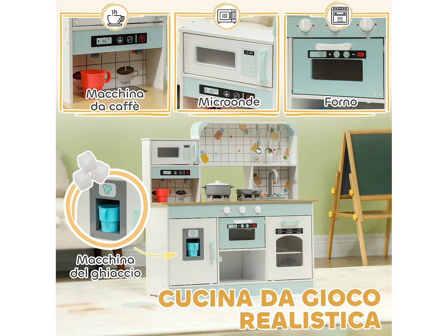 Cucina giocattolo per bambini interattiva con accessori in legno