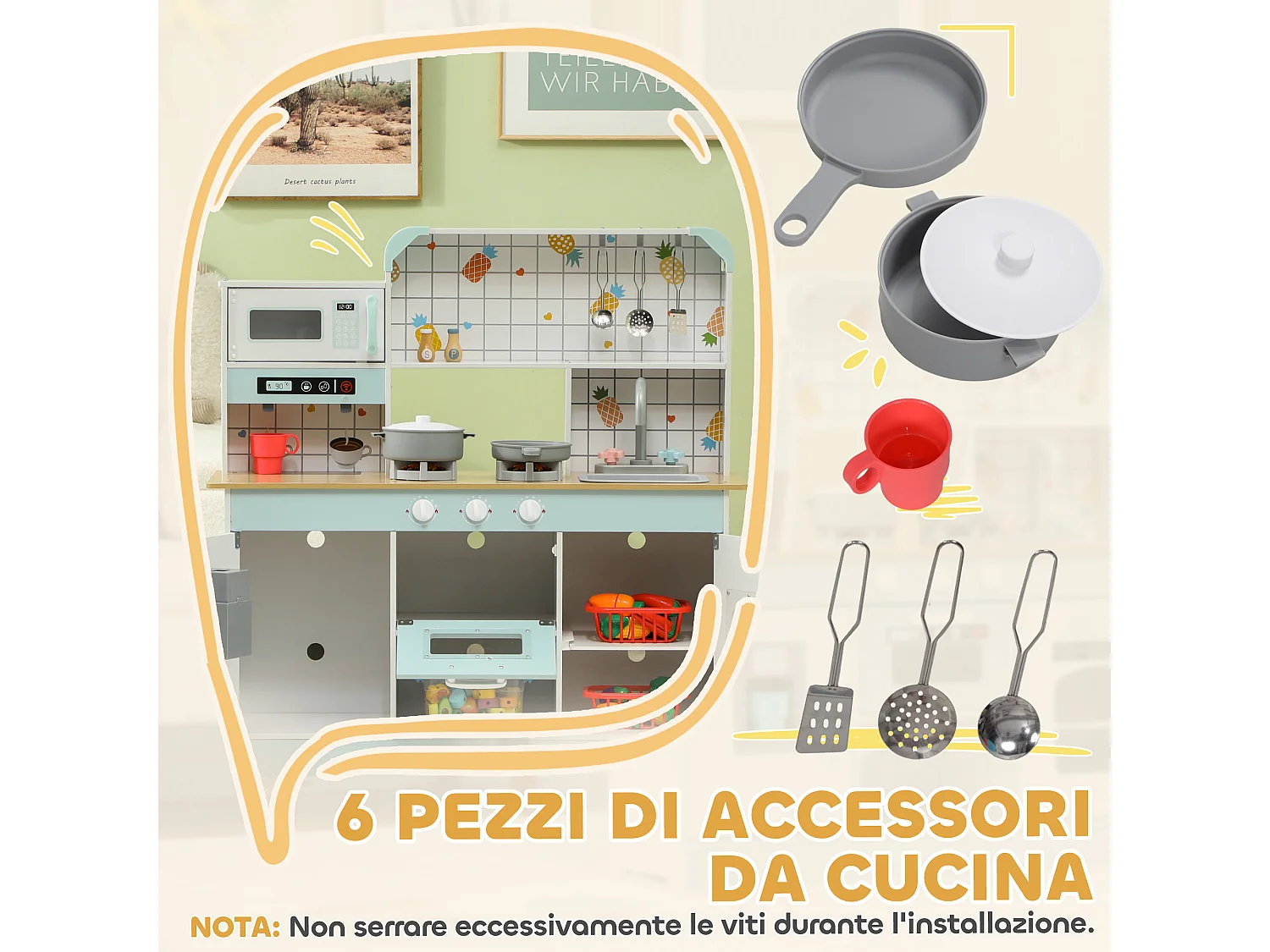Cucina giocattolo per bambini interattiva con accessori in legno