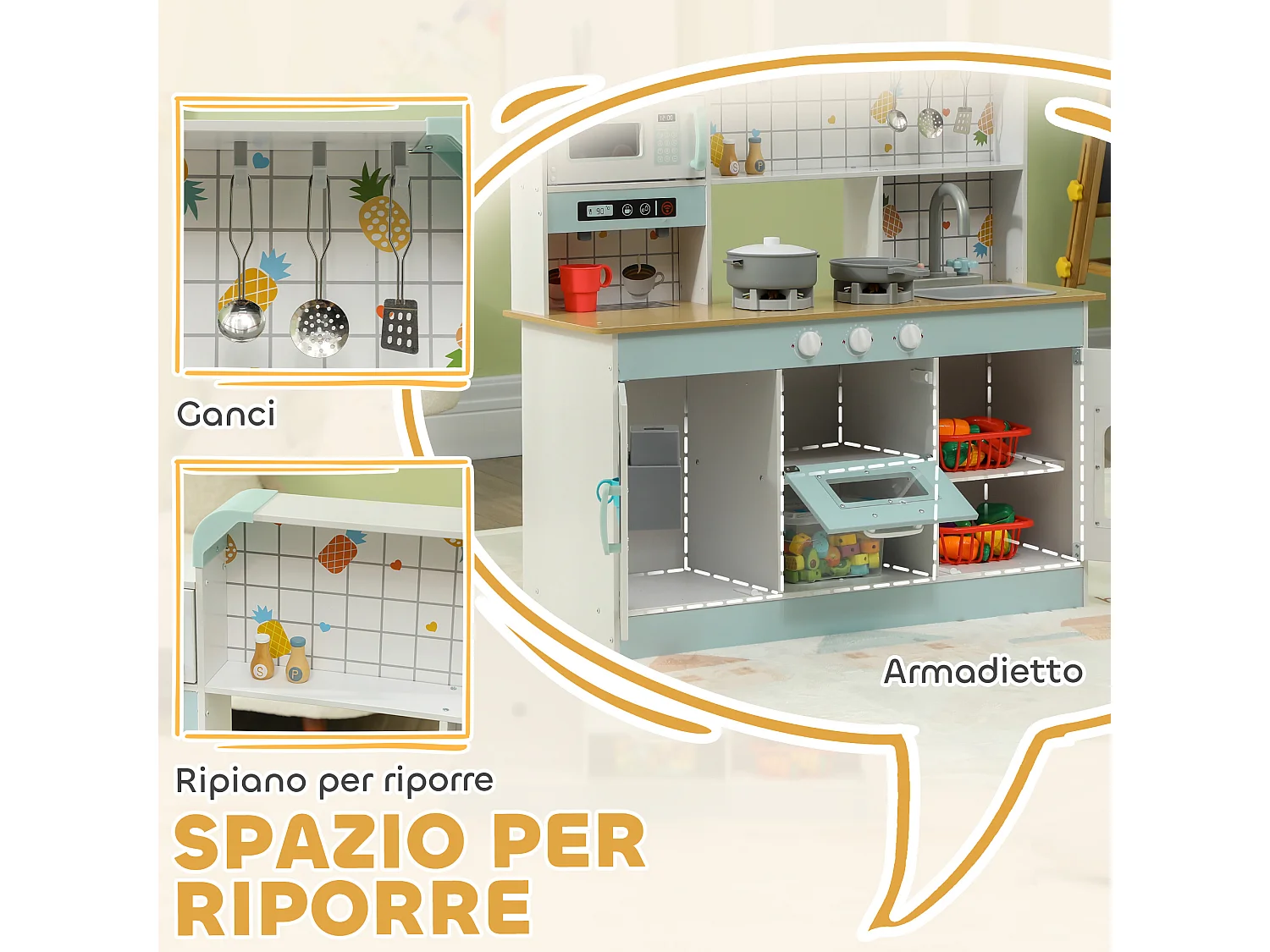 Cucina giocattolo per bambini interattiva con accessori in legno