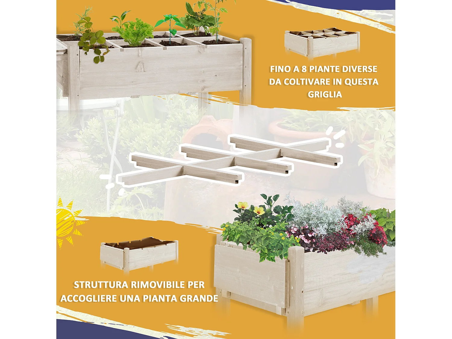 Fioriera rialzata a 8 vasi con ripiano laterale e mensola color legno