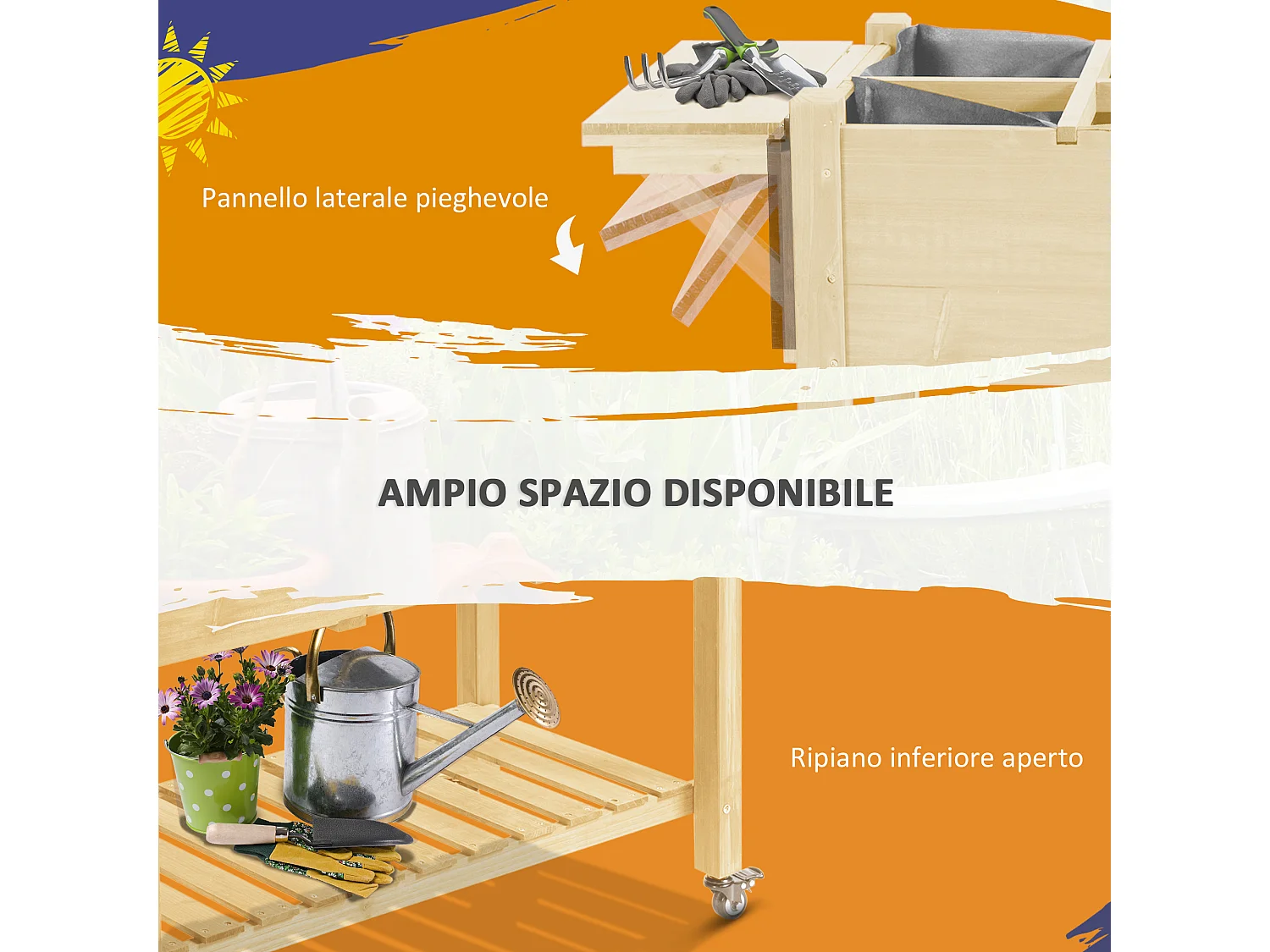 Fioriera rialzata a 8 vasi con ripiano laterale e mensola color legno
