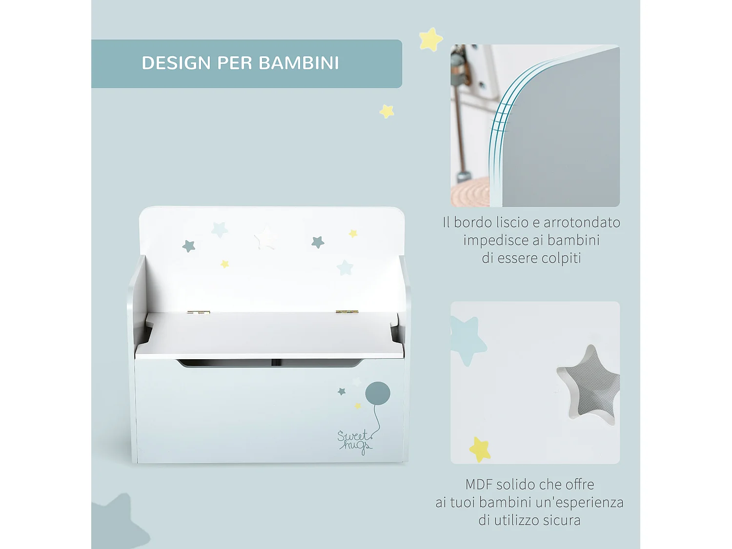 Panca contenitore con schienale per bambini 3-6 anni in legno azzurro