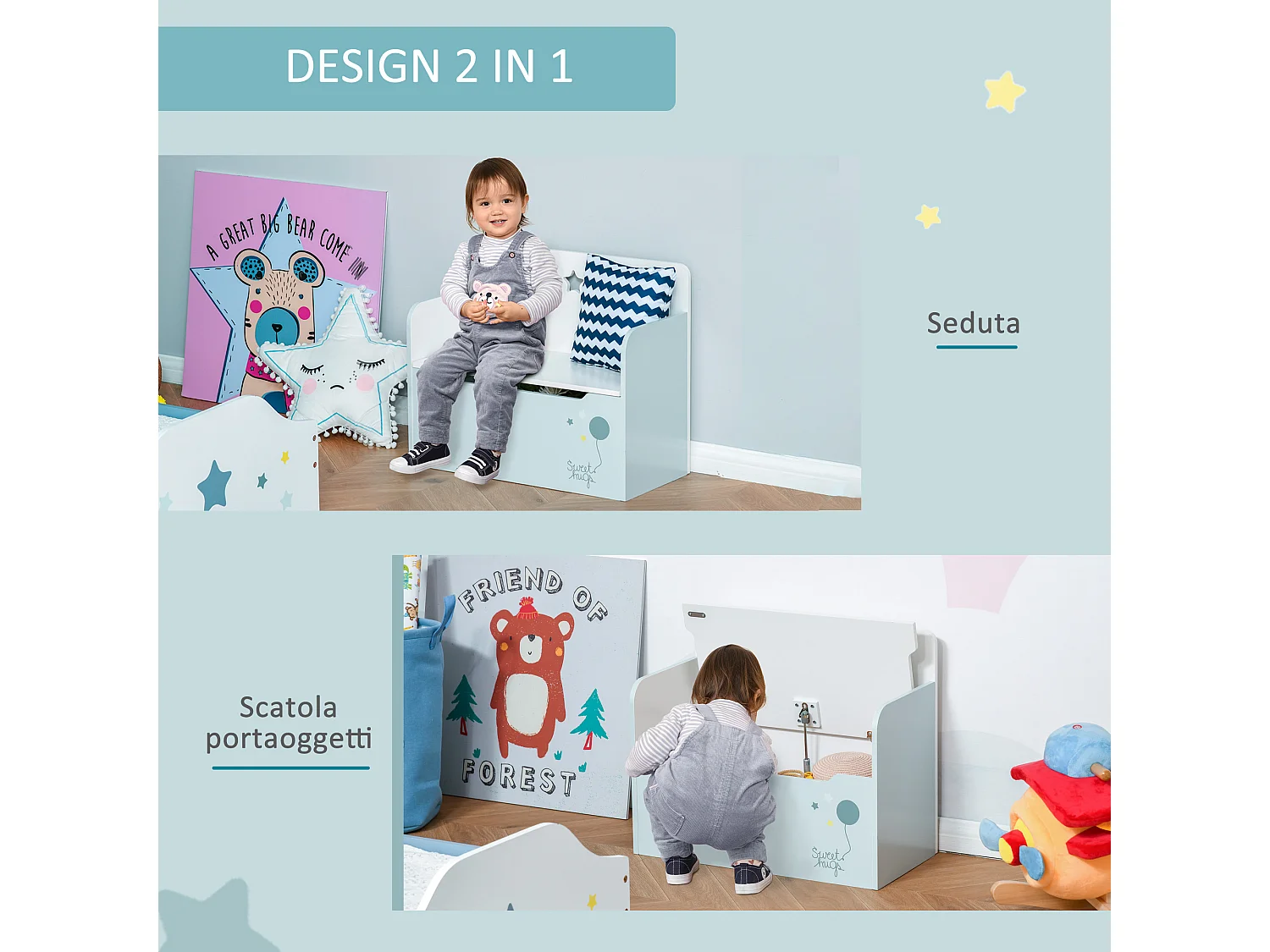 Panca contenitore con schienale per bambini 3-6 anni in legno azzurro