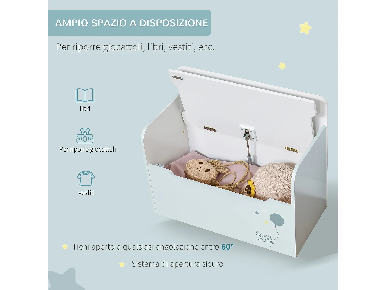 Panca contenitore con schienale per bambini 3-6 anni in legno azzurro