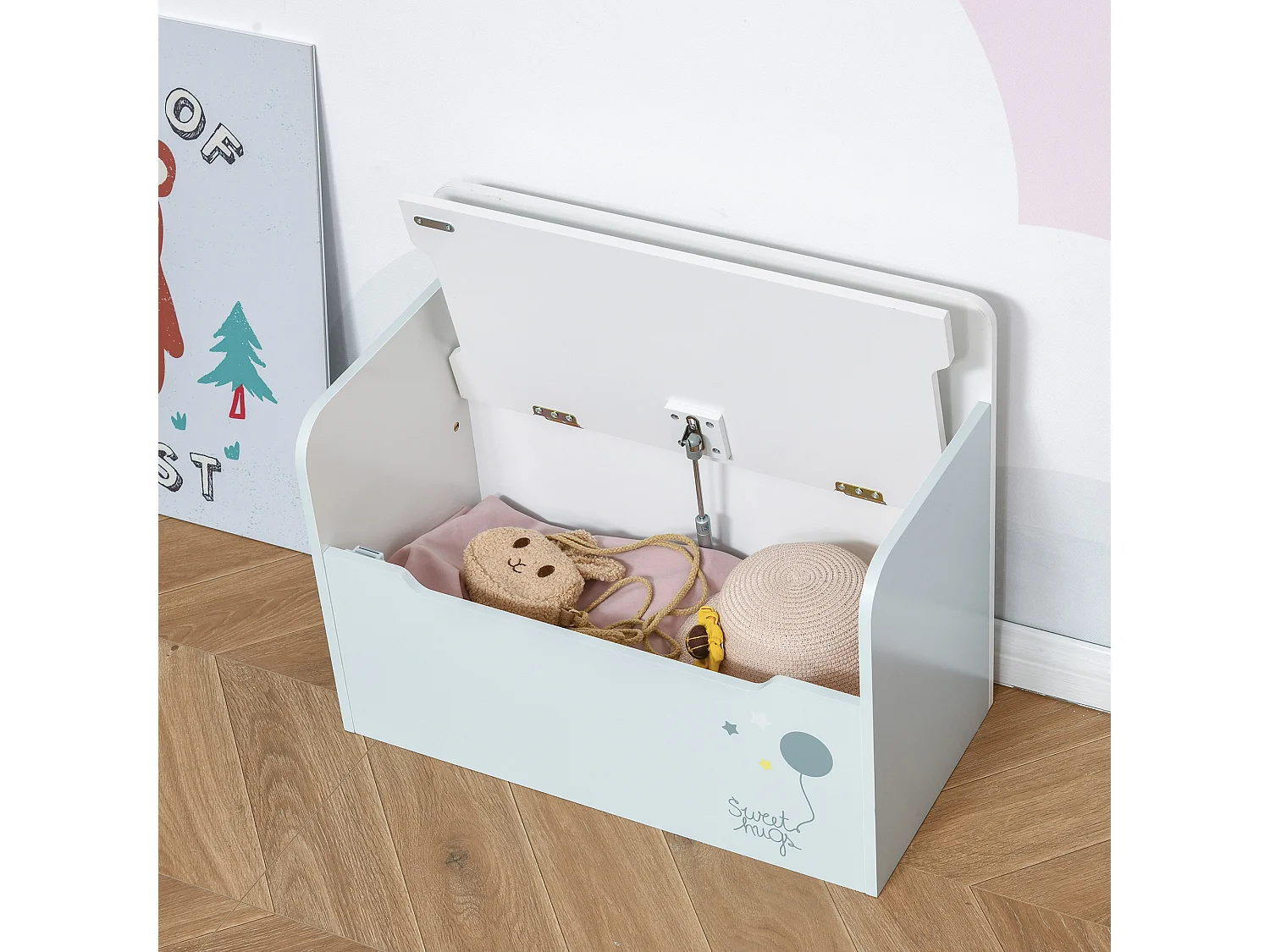 Panca contenitore con schienale per bambini 3-6 anni in legno azzurro