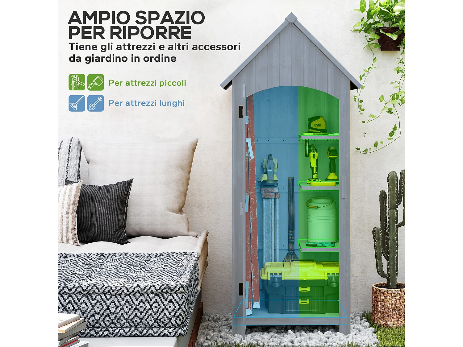 Casetta porta attrezzi in legno di abete con 3 mensole grigio