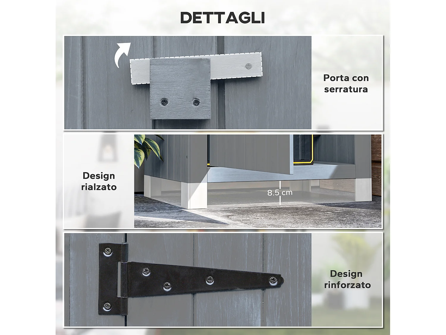 Casetta porta attrezzi in legno di abete con 3 mensole grigio