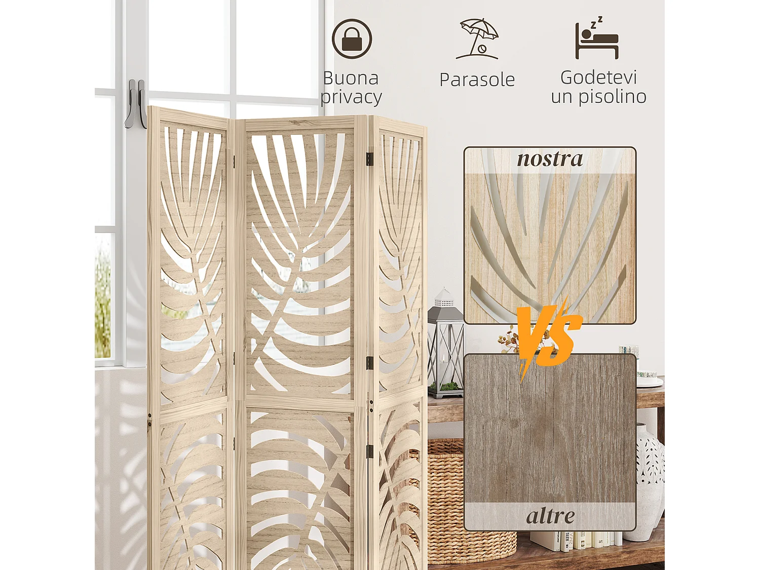 Paravento da interno a 3 pannelli pieghevole e separabile 120x170cm