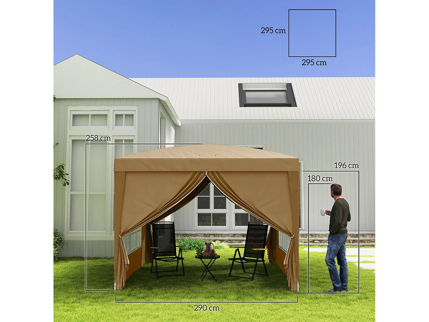 Gazebo da esterno 3x3 m pieghevole con 4 pannelli cachi