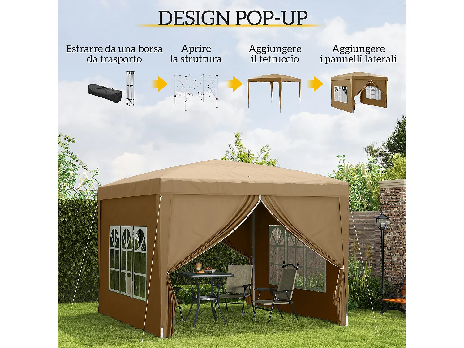 Gazebo da esterno 3x3 m pieghevole con 4 pannelli cachi