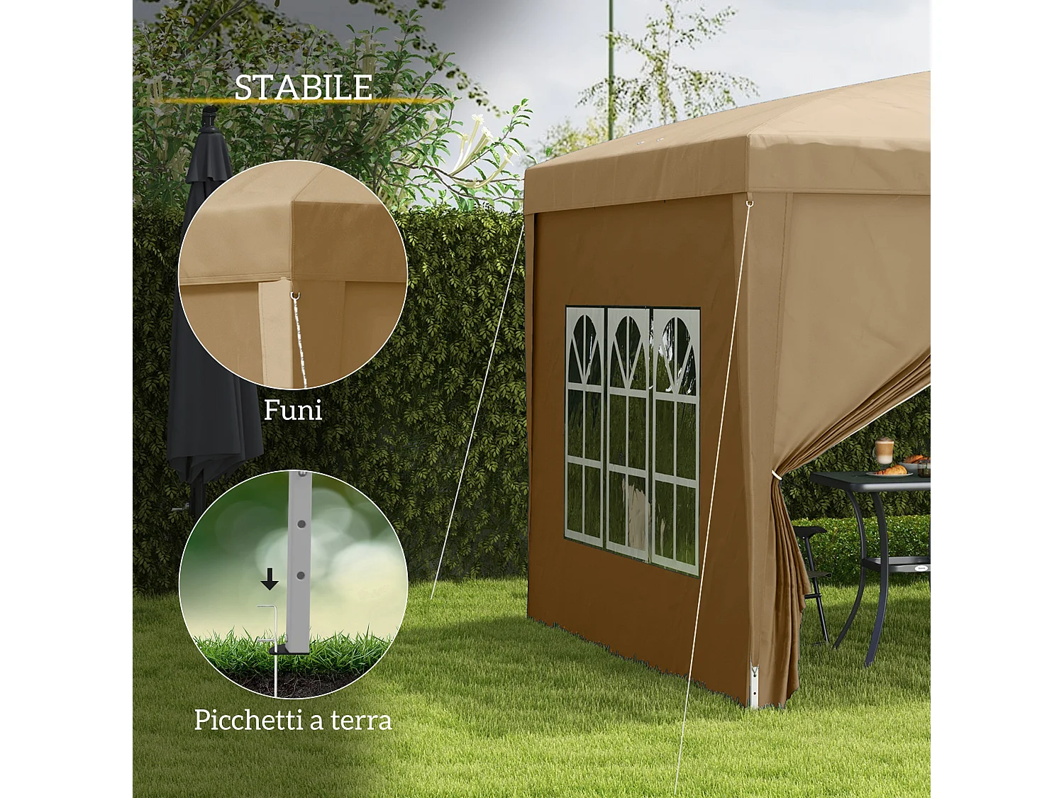 Gazebo da esterno 3x3 m pieghevole con 4 pannelli cachi