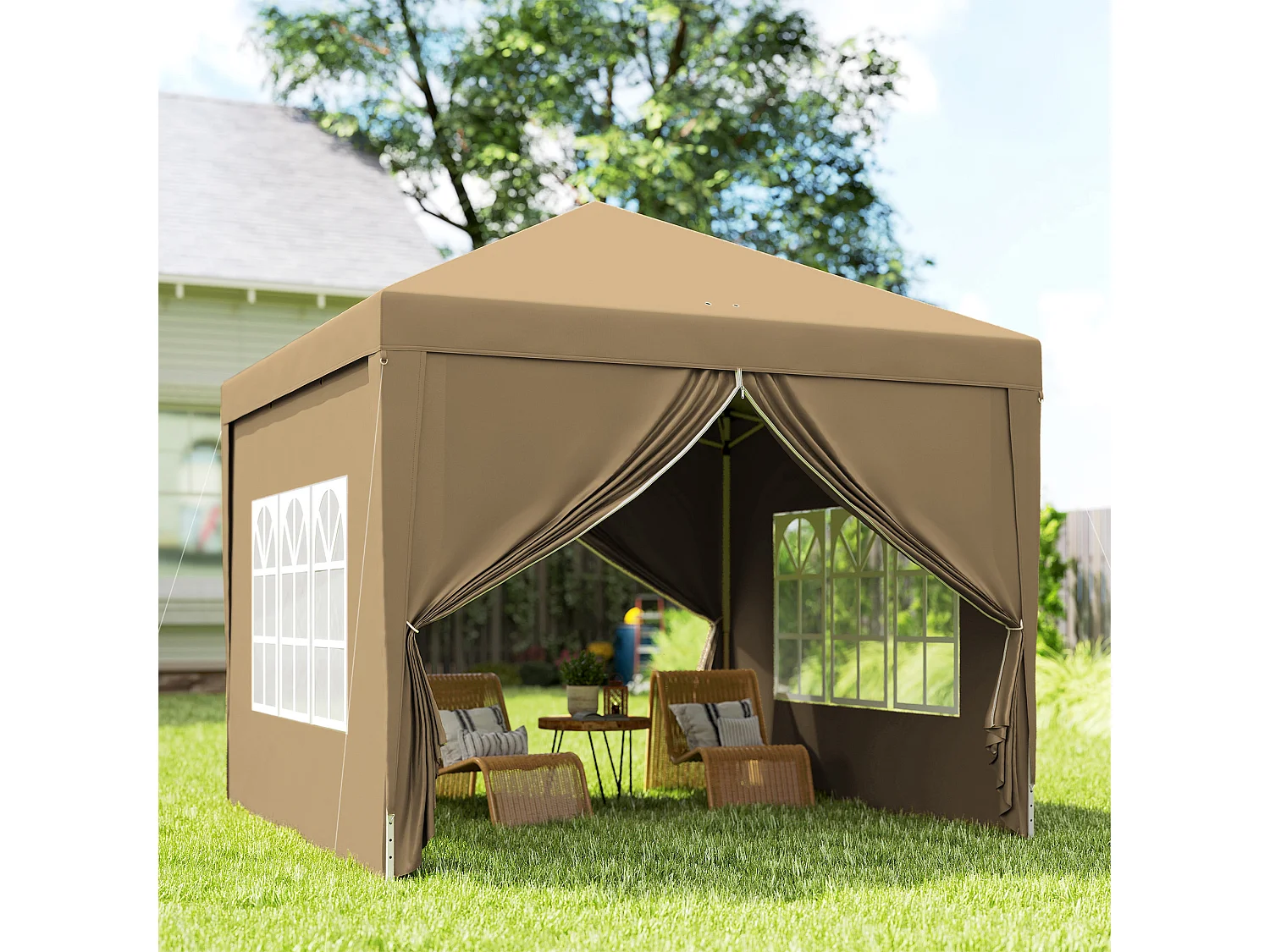 Gazebo da esterno 3x3 m pieghevole con 4 pannelli cachi