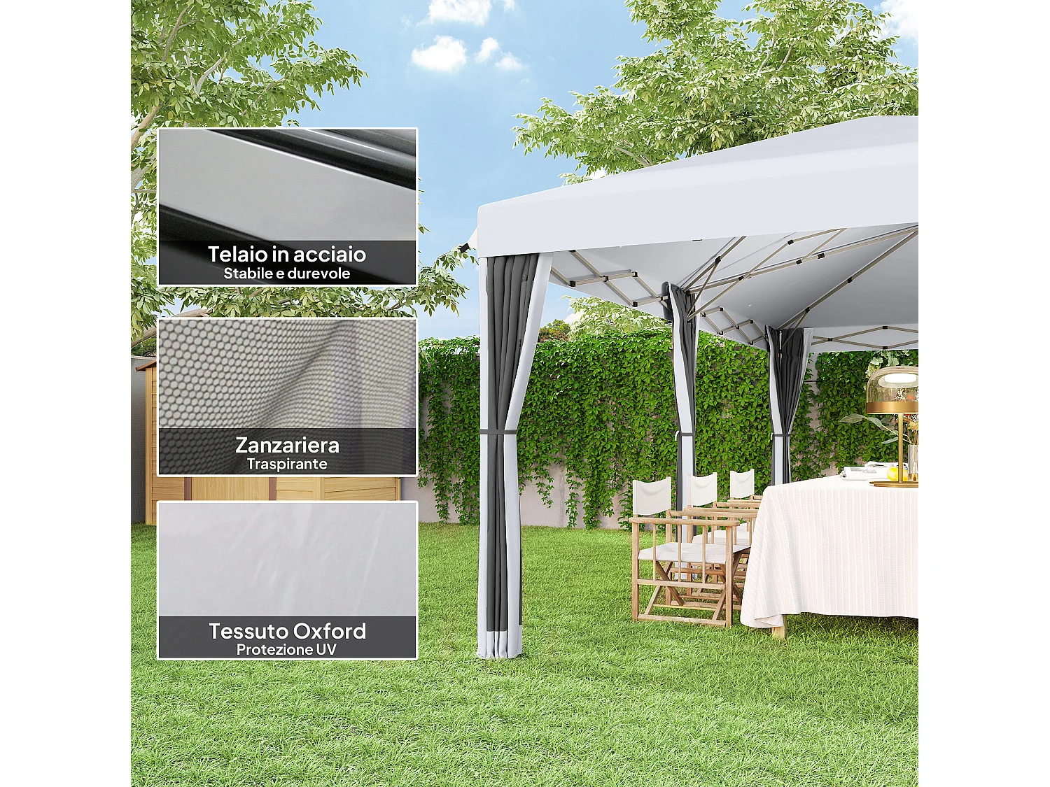 Gazebo da giardino 6x3 m pieghevole con zanzariera e borsa crema